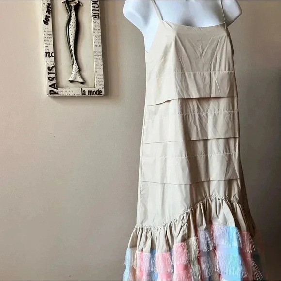 JOURDEN Beige Tie Dye Fringe Flapper Midi Sleeveless Dress Size 4 - Picture 6 of 16